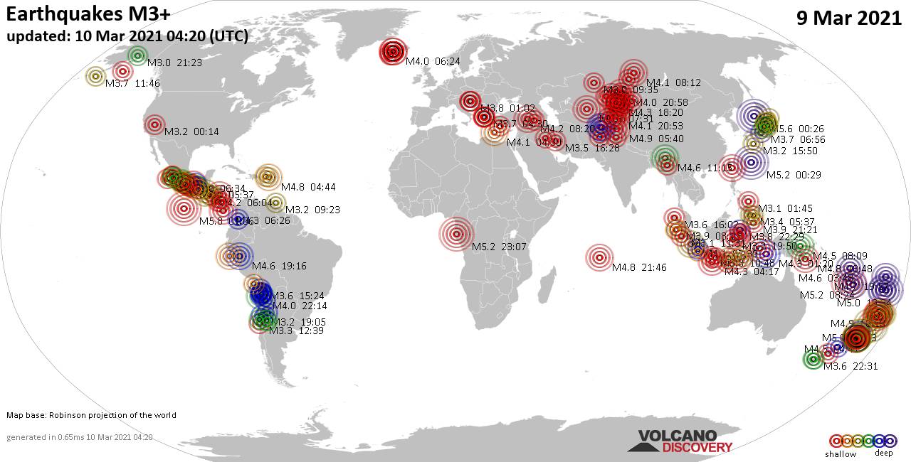 Mappa del mondo che mostra i terremoti sopra la magnitudo 3 nelle ultime 24 ore il 10 marzo 2021
