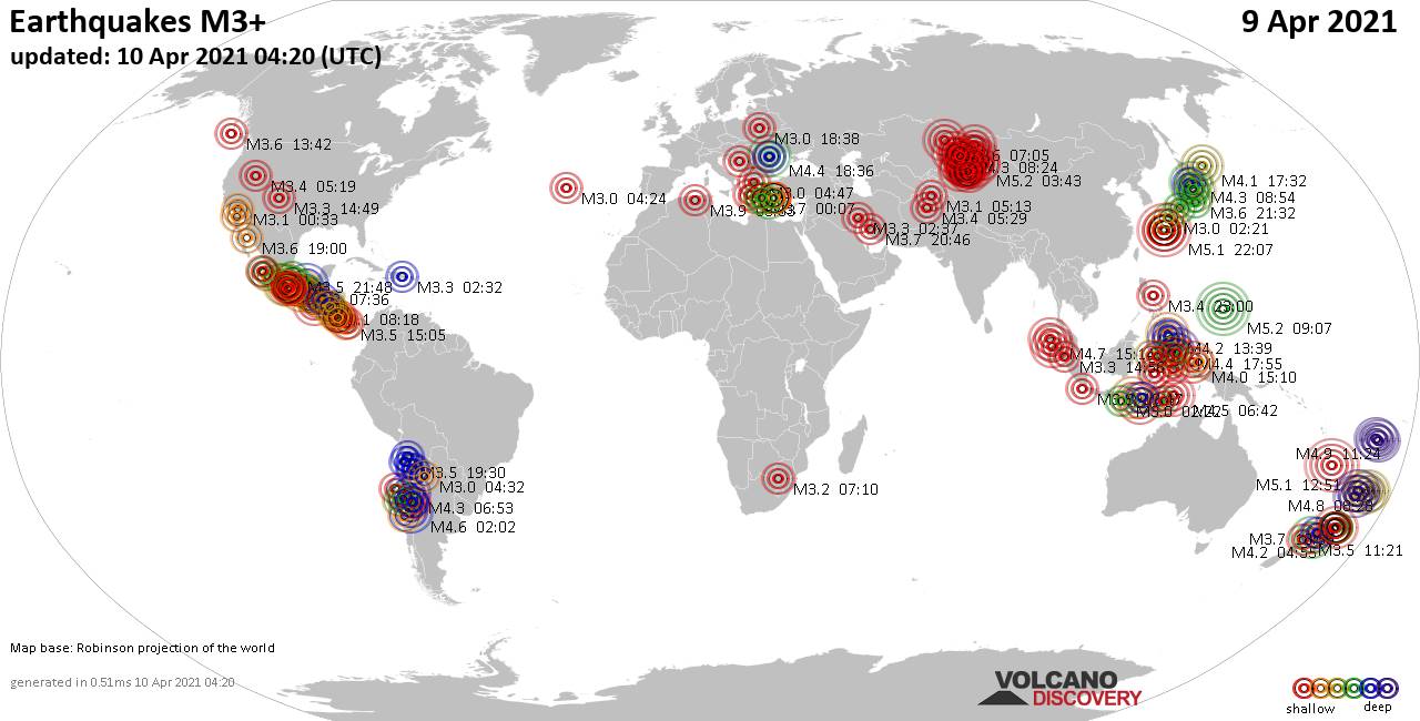 Worldwide earthquakes above magnitude 3 during the past 24 hours on 10 Apr 2021