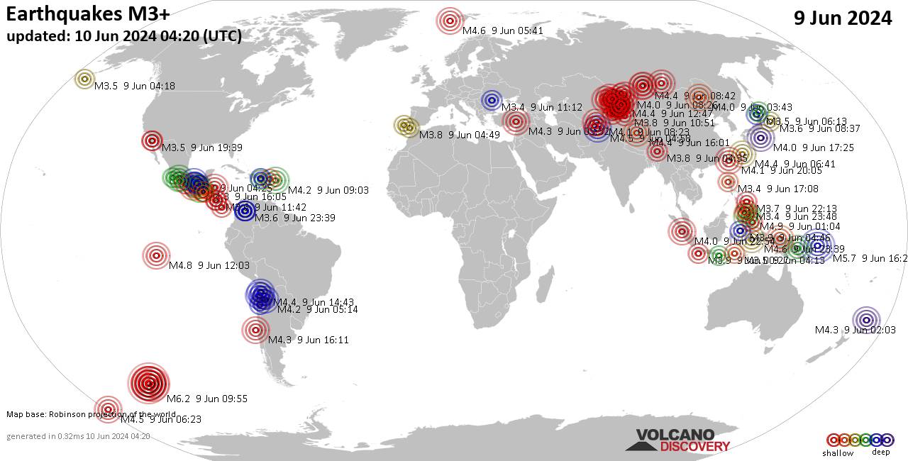 Weltkarte mit Erdbeben über Magnitude 3 während den letzten 24 Stunden past 24 hours am  9. Juni 2024