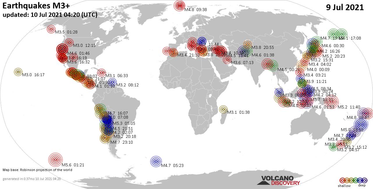 Mapa mundial que muestra terremotos de magnitud 3 en las últimas 24 horas 10 julio 2021