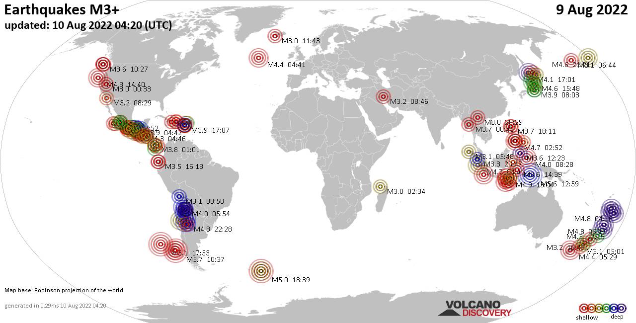 Mapa mundial que muestra terremotos de magnitud 3 en las últimas 24 horas  9 agosto 2022