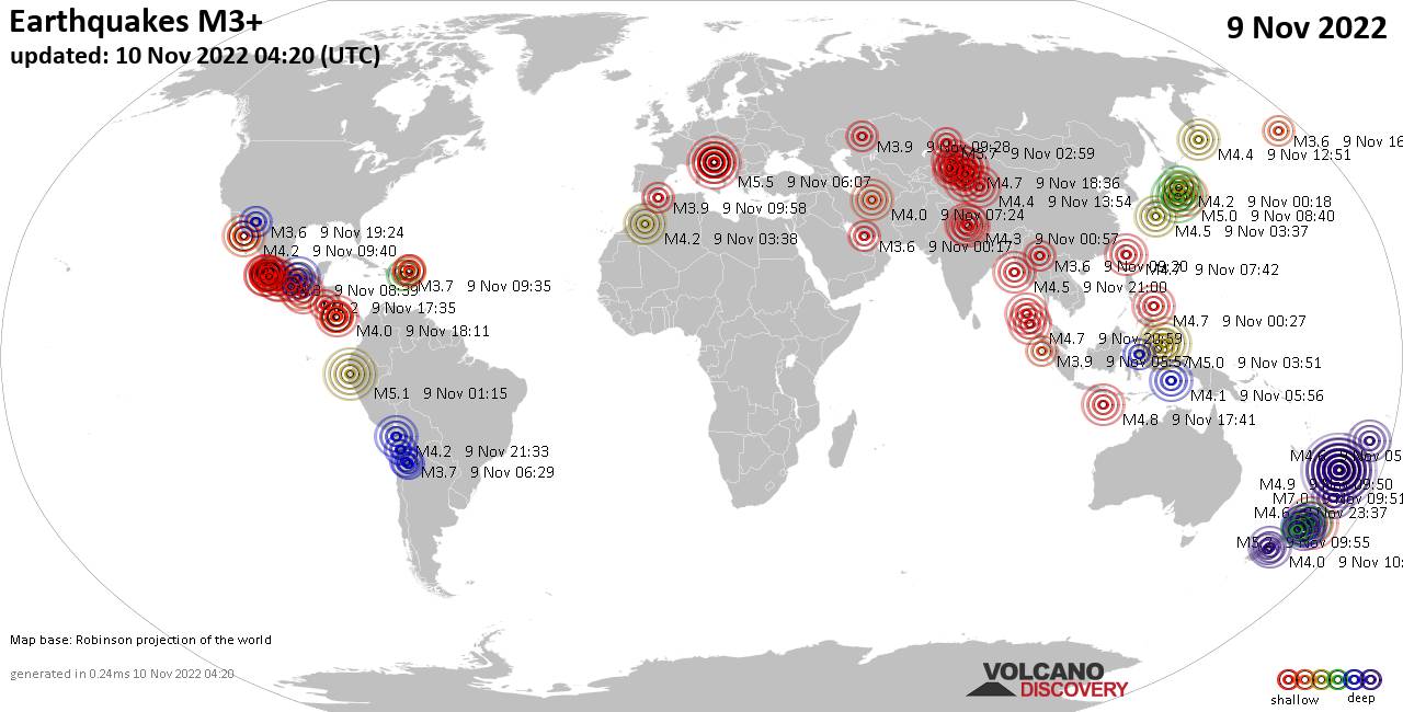 Παγκόσμιος χάρτης που δείχνει σεισμούς άνω των 3 βαθμών στις 9 Νοεμβρίου 2022