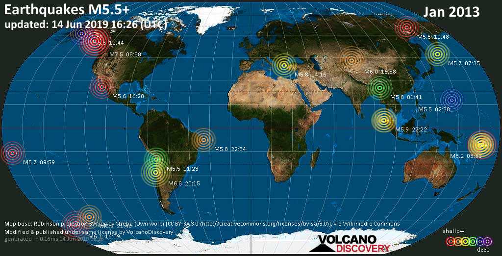 World map showing earthquakes above magnitude 5.5 during January 2013