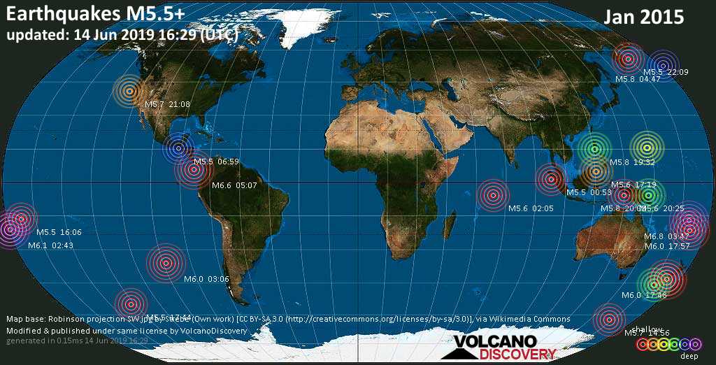 World map showing earthquakes above magnitude 5.5 during January 2015