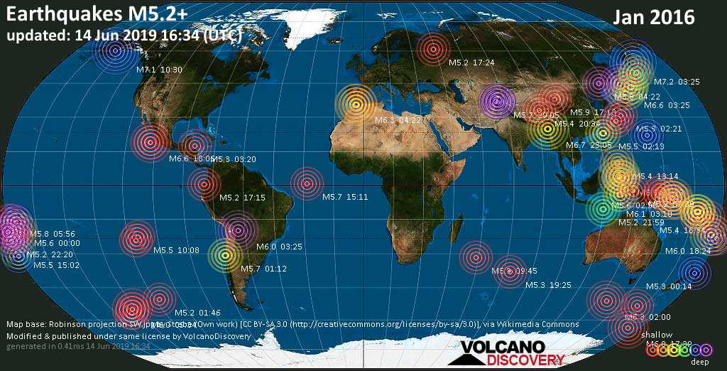 World map showing earthquakes above magnitude 5.2 during January 2016