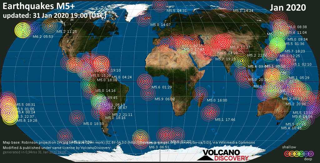World map showing earthquakes above magnitude 5 during January 2020