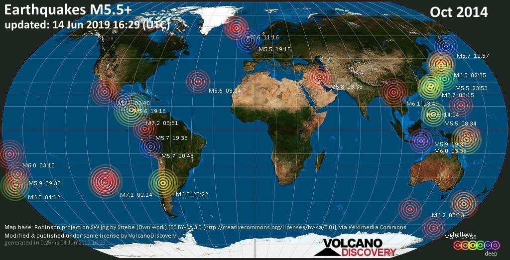 World map showing earthquakes above magnitude 5.5 during October 2014