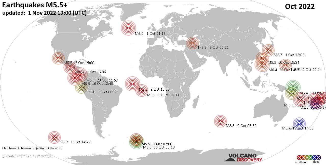 Παγκόσμιος χάρτης που δείχνει σεισμούς άνω των 5.5 βαθμών τον Οκτώβριο του 2022