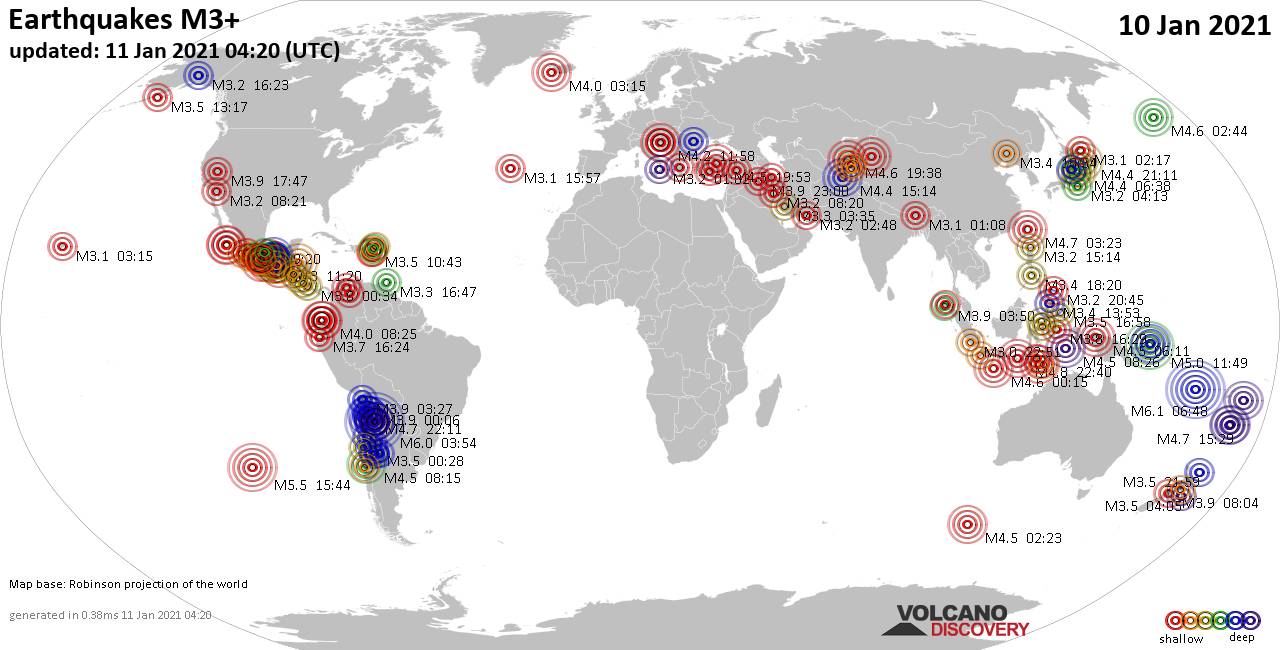 Mapa mundial que muestra terremotos de magnitud 3 en las últimas 24 horas 11 enero 2021