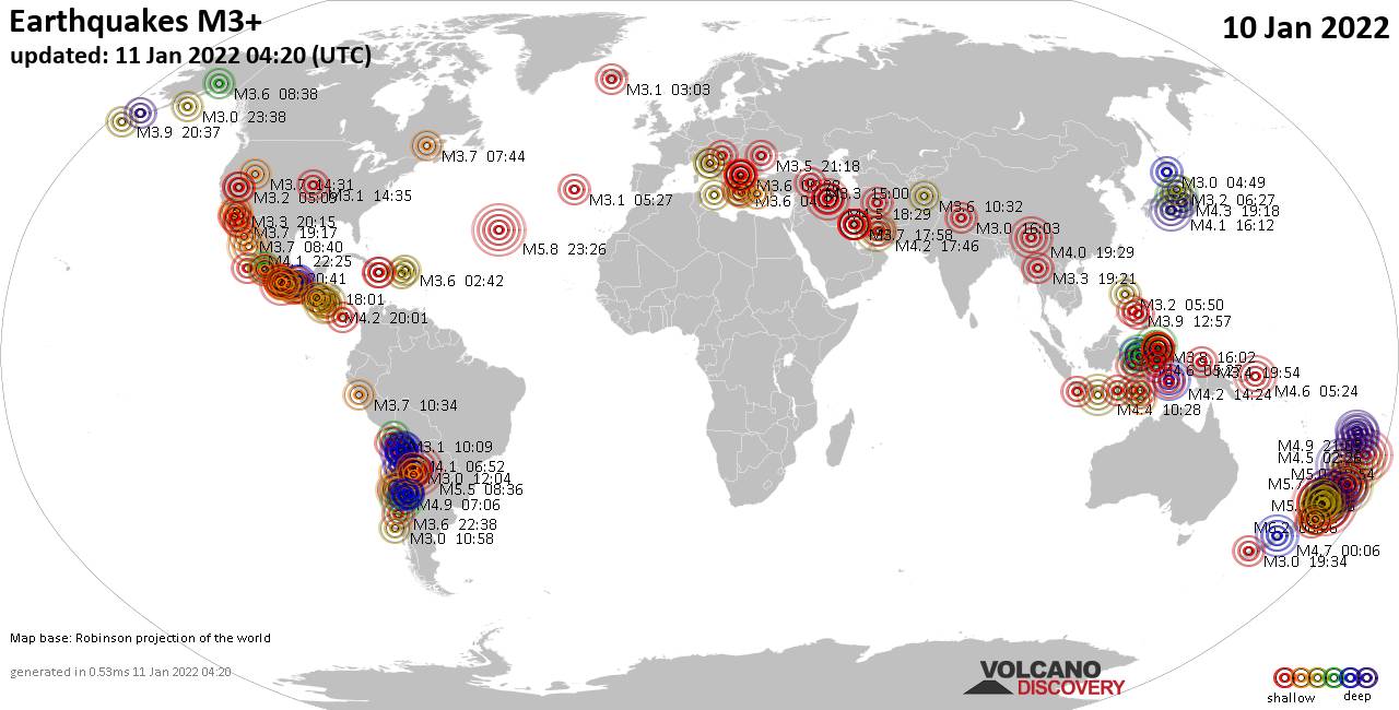 Weltkarte mit Erdbeben über Magnitude 3 während den letzten 24 Stunden past 24 hours am 11. Januar 2022