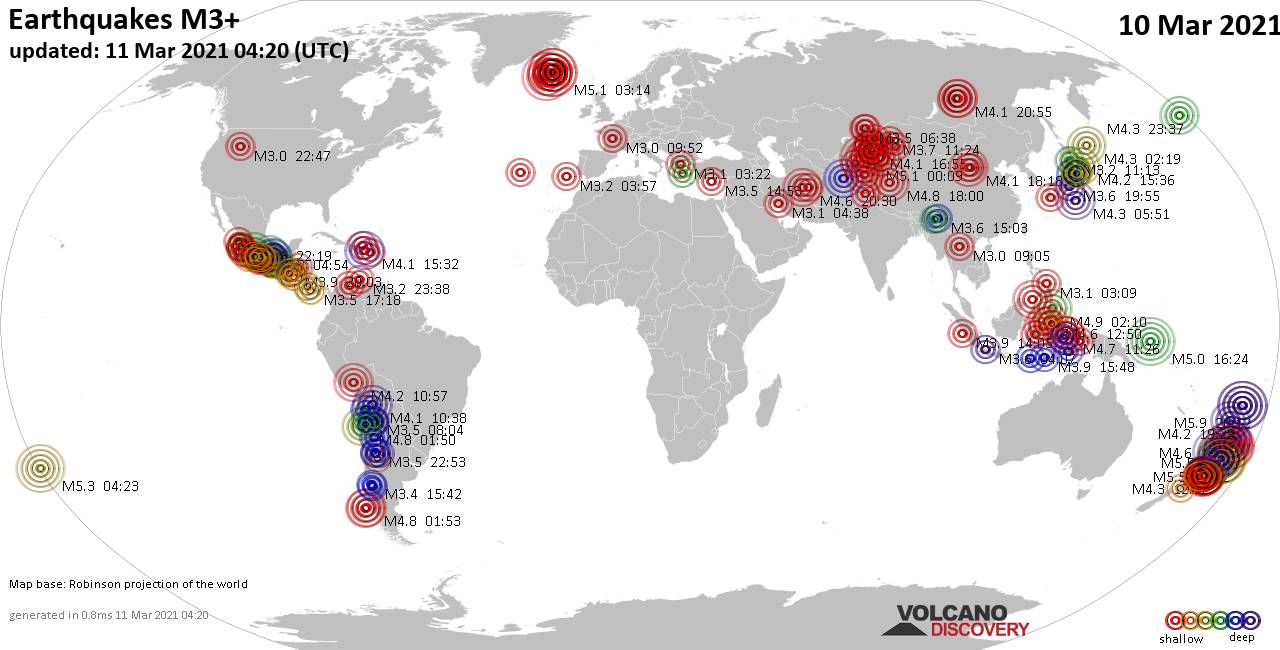 Mapa mundial que muestra terremotos de magnitud 3 en las últimas 24 horas 11 marzo 2021