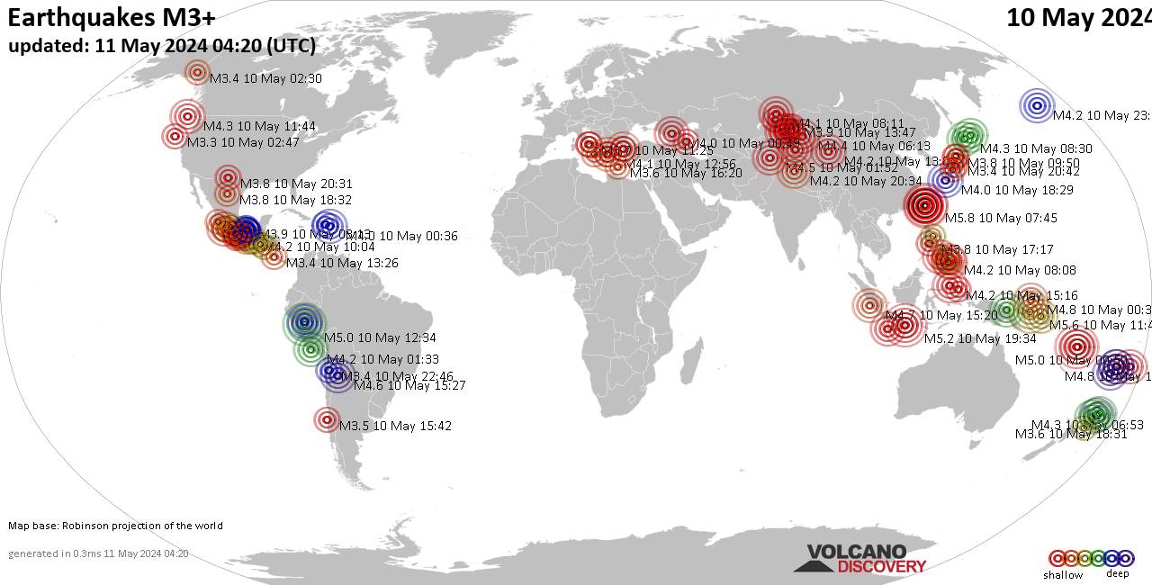 Weltkarte mit Erdbeben über Magnitude 3 während den letzten 24 Stunden past 24 hours am 10. Mai 2024