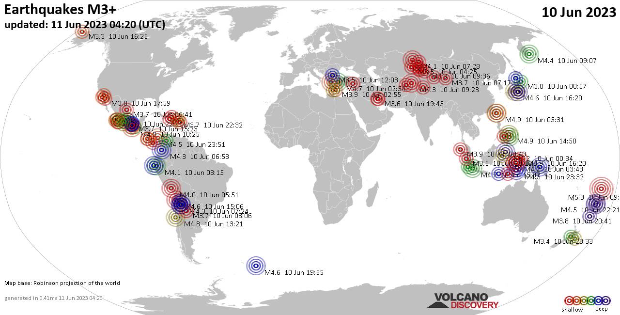 Worldwide earthquakes above magnitude 3 during the past 24 hours on 10 Jun 2023