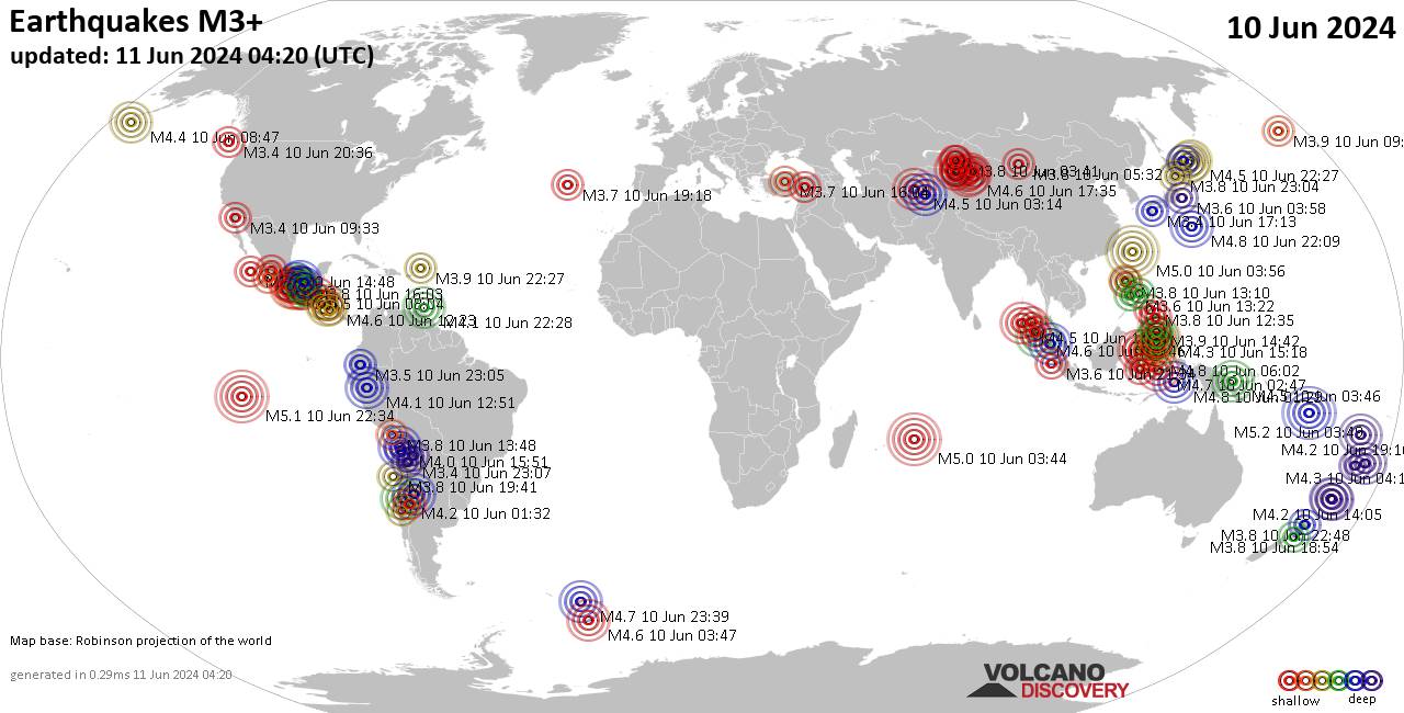 Weltkarte mit Erdbeben über Magnitude 3 während den letzten 24 Stunden past 24 hours am 11. Juni 2024