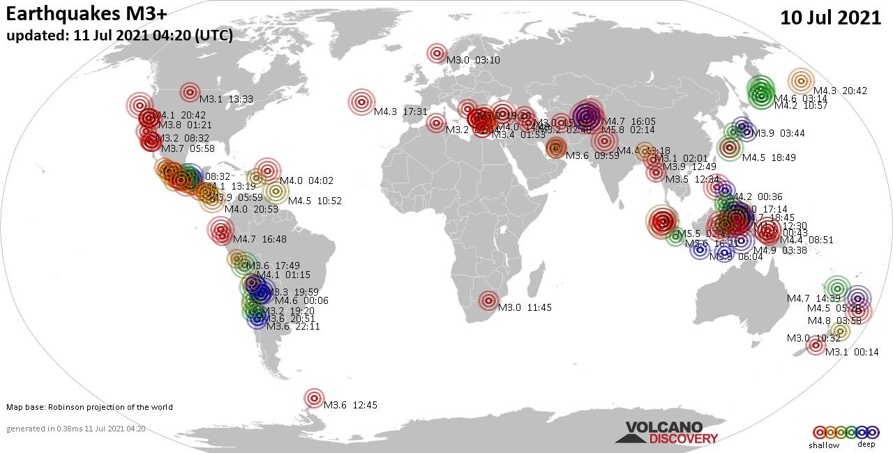 Mapa mundial que muestra terremotos de magnitud 3 en las últimas 24 horas 11 julio 2021