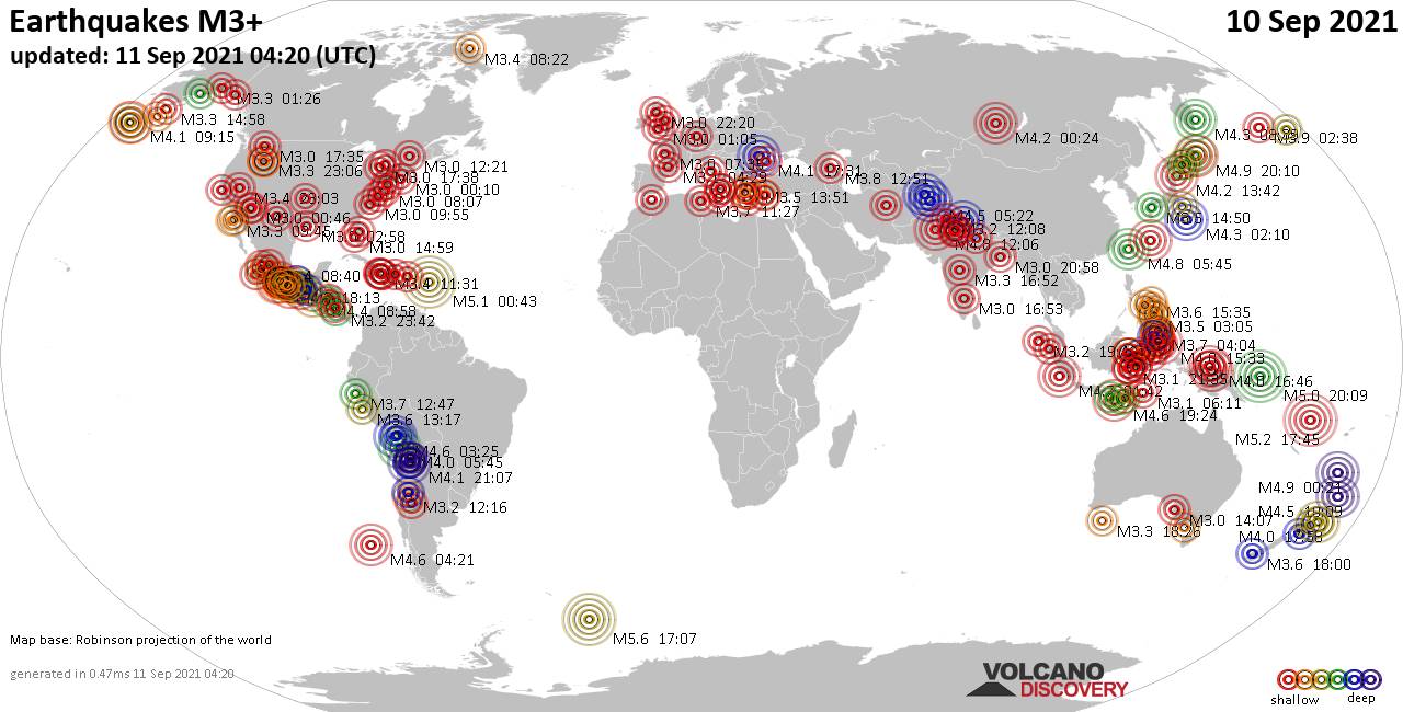 Mapa mundial que muestra terremotos de magnitud 3 en las últimas 24 horas 11 septiembre 2021
