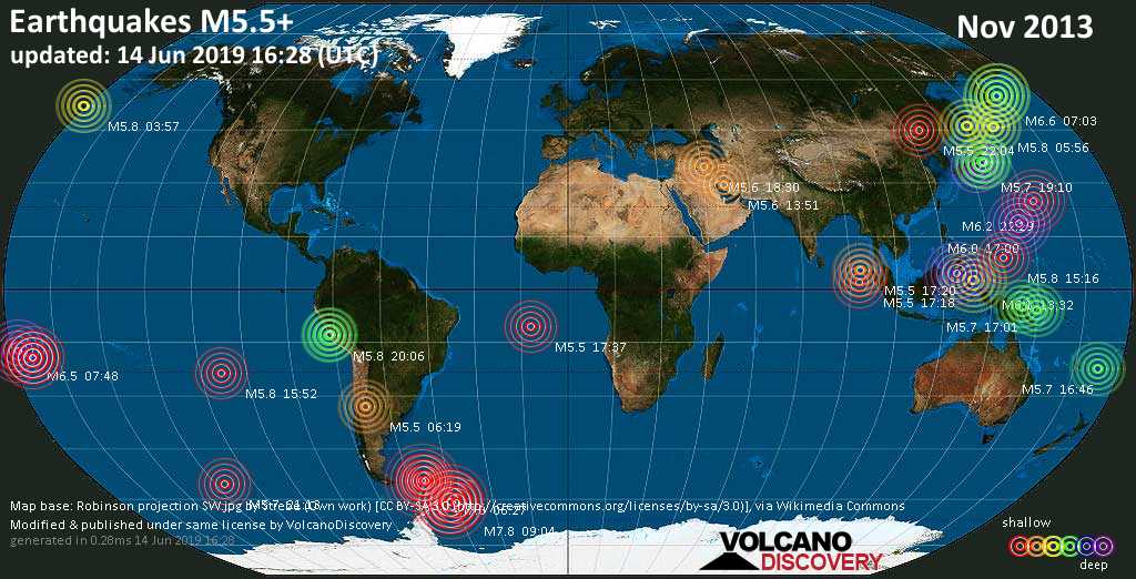 World map showing earthquakes above magnitude 5.5 during November 2013