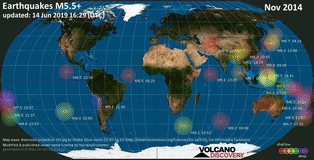 World map showing earthquakes above magnitude 5.5 during November 2014