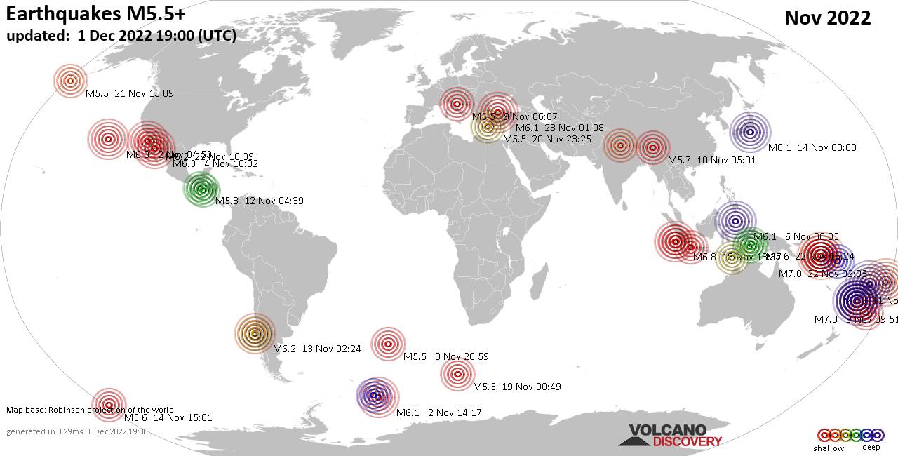 Mapa mundial que muestra terremotos de magnitud 5.5 en noviembre 2022