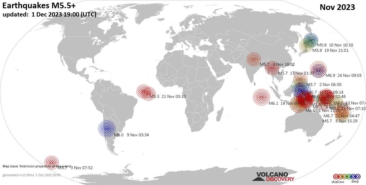 Worldwide earthquakes above magnitude 5.5 during November 2023
