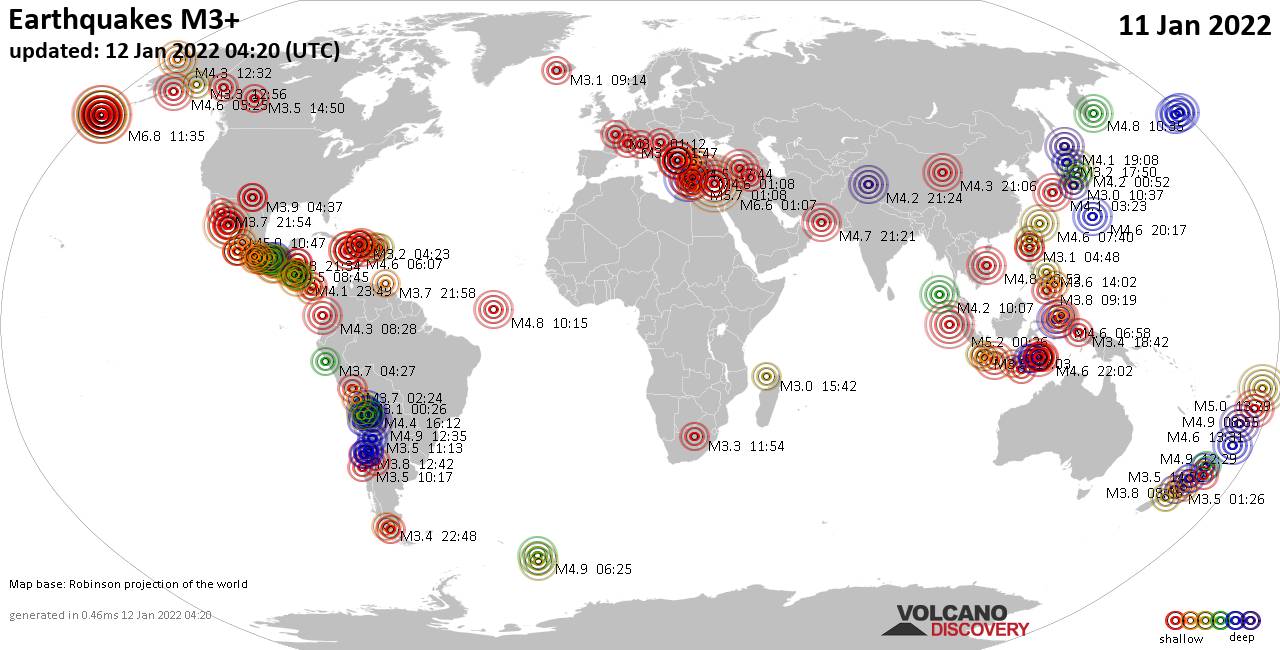 Mapa mundial que muestra terremotos de magnitud 3 en las últimas 24 horas 12 enero 2022