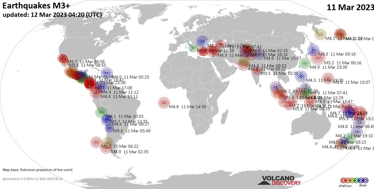 Weltkarte mit Erdbeben über Magnitude 3 während den letzten 24 Stunden past 24 hours am 12. März 2023