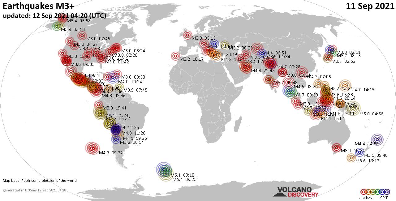 Worldwide earthquakes above magnitude 3 during the past 24 hours on 12 Sep 2021