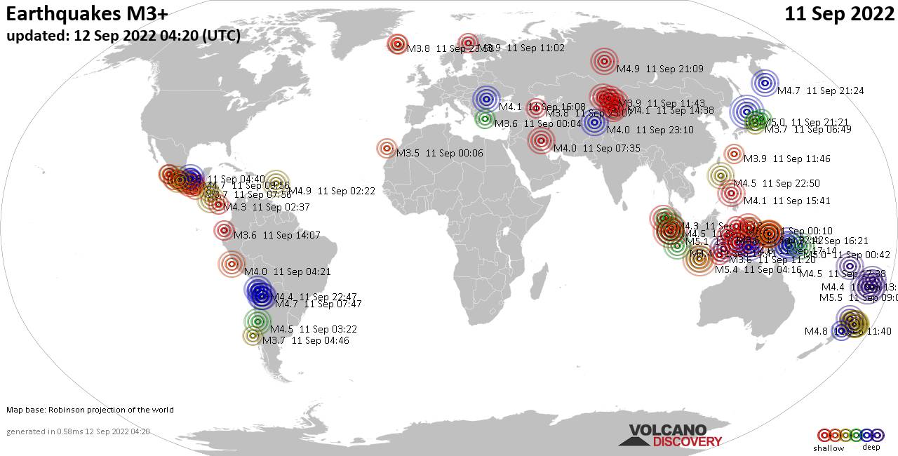 Mappa del mondo che mostra i terremoti sopra la magnitudo 3 nelle ultime 24 ore il 12 settembre 2022