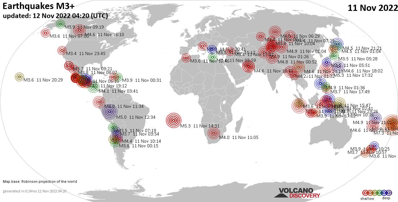 Παγκόσμιος χάρτης που δείχνει σεισμούς άνω των 3 βαθμών στις 11 Νοεμβρίου 2022
