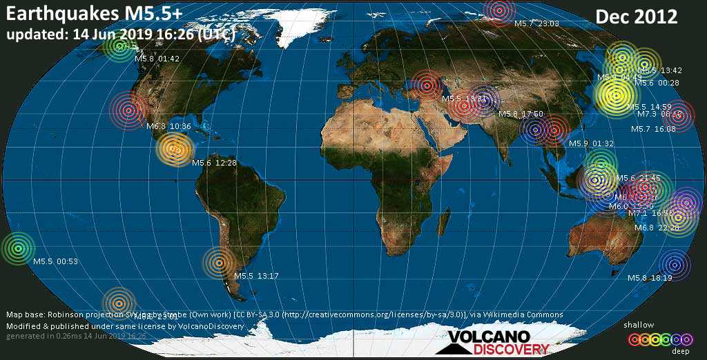 World map showing earthquakes above magnitude 5.5 during December 2012