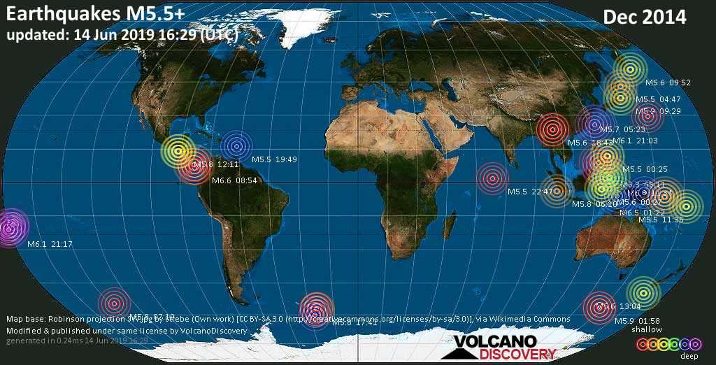 World map showing earthquakes above magnitude 5.5 during December 2014