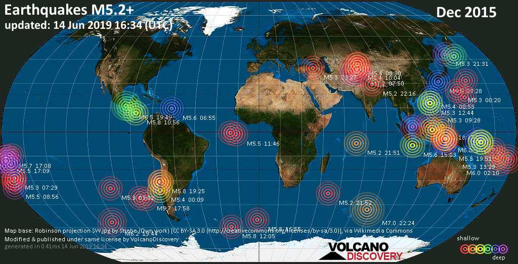 World map showing earthquakes above magnitude 5.2 during December 2015