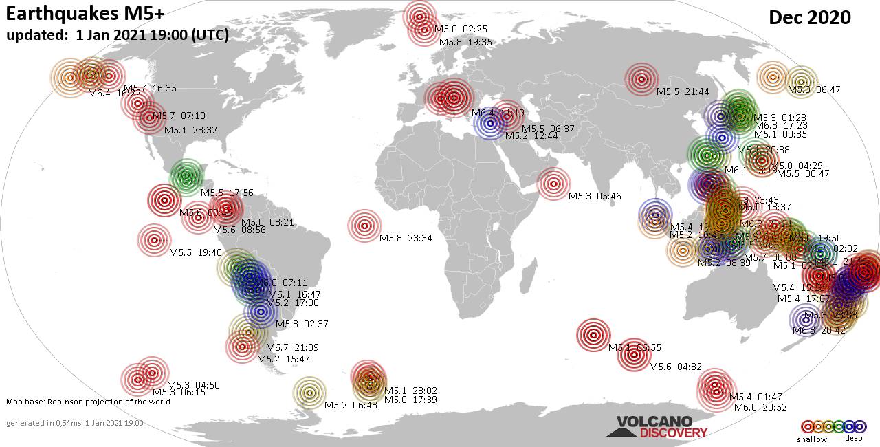 Worldwide earthquakes above magnitude 5 during December 2020