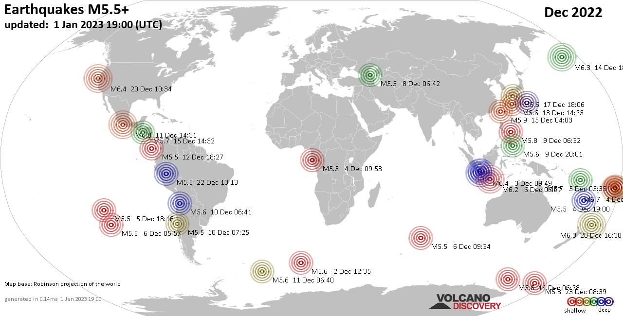 Mappa del mondo che mostra i terremoti sopra la magnitudo 5.5 nel mese di dicembre 2022