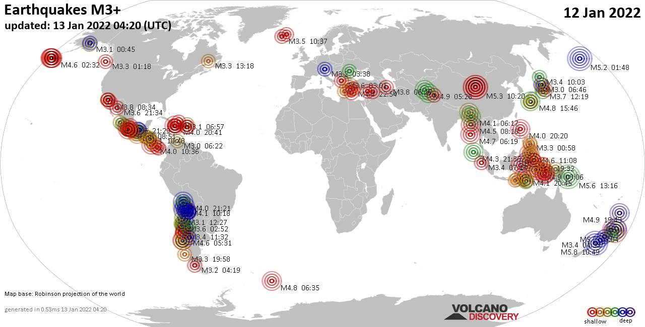 Mappa del mondo che mostra i terremoti sopra la magnitudo 3 nelle ultime 24 ore il 13 gennaio 2022