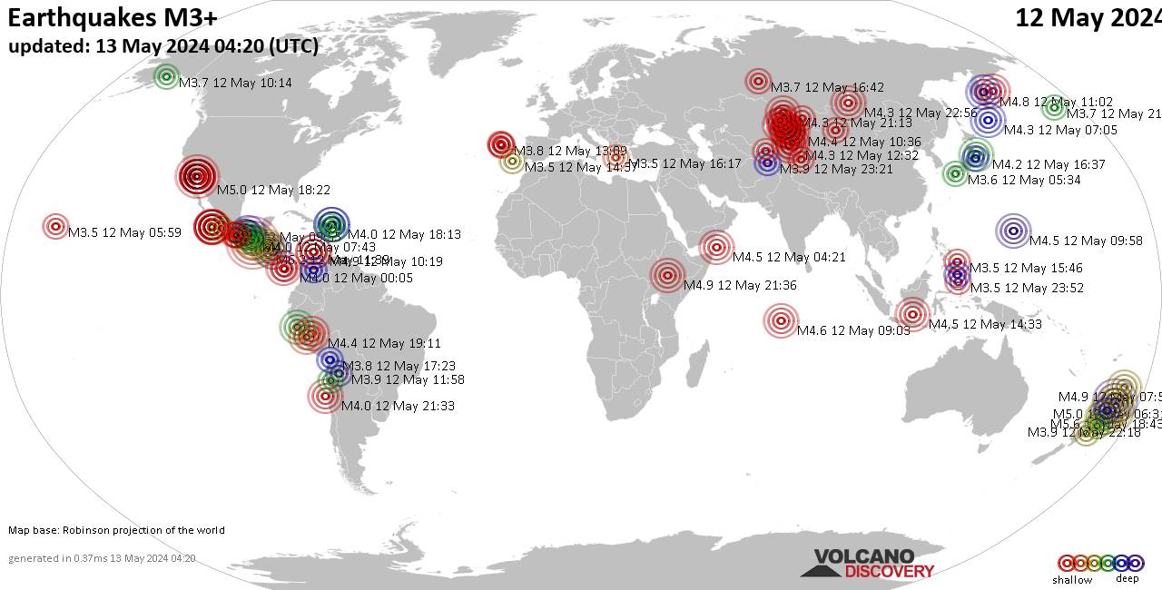 Weltkarte mit Erdbeben über Magnitude 3 während den letzten 24 Stunden past 24 hours am 13. Mai 2024