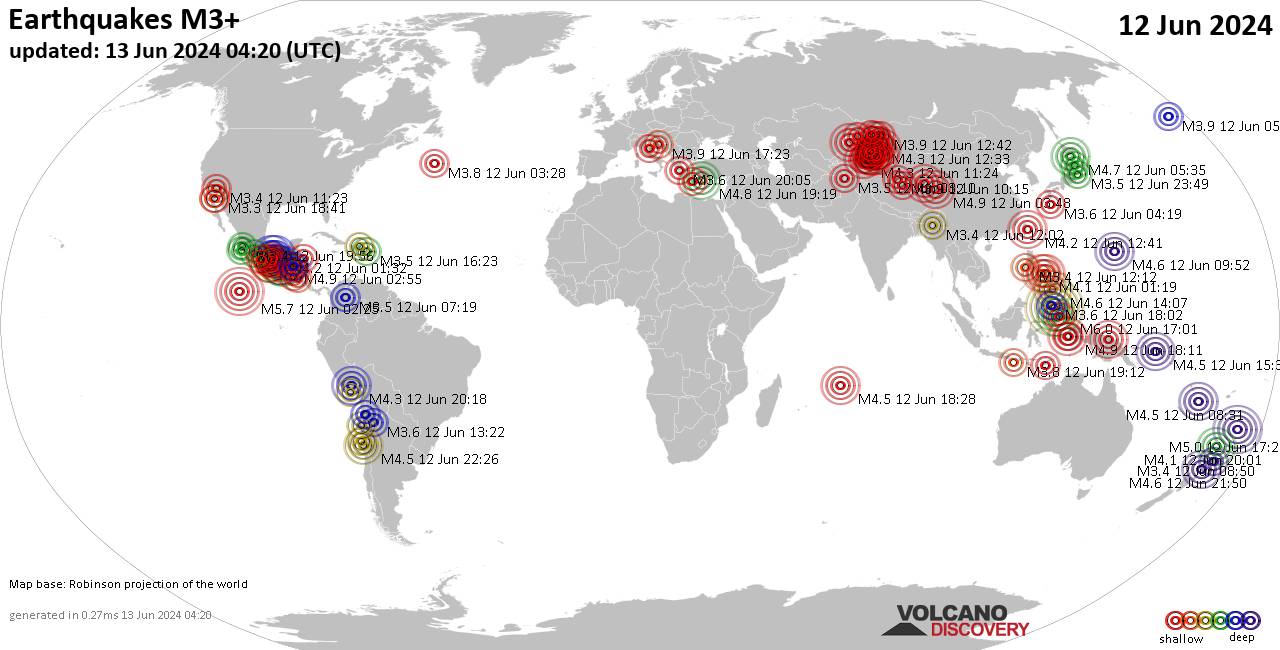 Weltkarte mit Erdbeben über Magnitude 3 während den letzten 24 Stunden past 24 hours am 12. Juni 2024