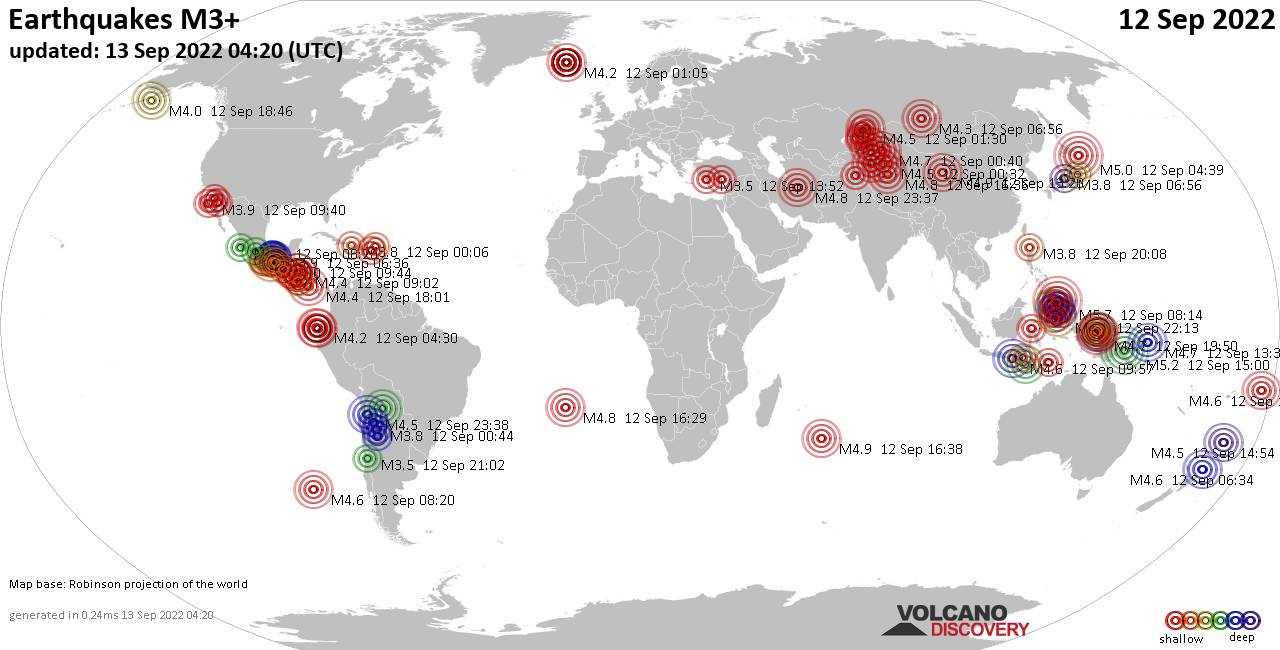 Mappa del mondo che mostra i terremoti sopra la magnitudo 3 nelle ultime 24 ore il 13 settembre 2022
