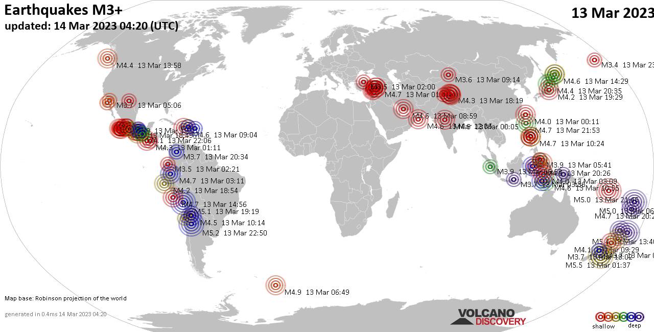 Weltkarte mit Erdbeben über Magnitude 3 während den letzten 24 Stunden past 24 hours am 14. März 2023