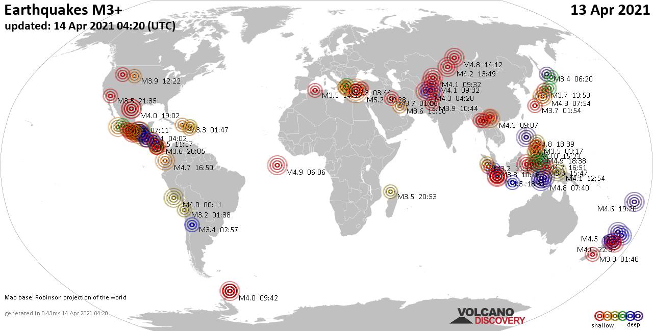 Mapa mundial que muestra terremotos de magnitud 3 en las últimas 24 horas 14 abril 2021