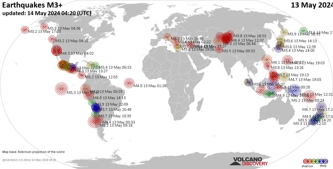 Weltkarte mit Erdbeben über Magnitude 3 während den letzten 24 Stunden past 24 hours am 13. Mai 2024