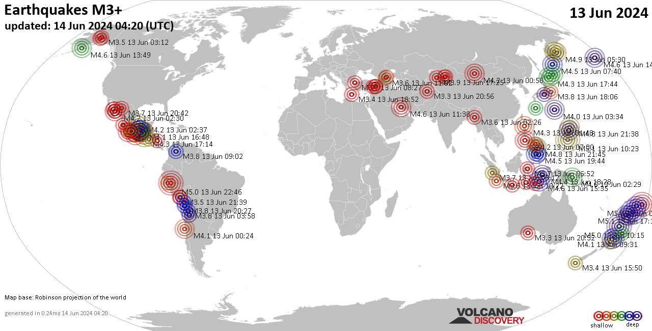 Worldwide earthquakes above magnitude 3 during the past 24 hours on 13 Jun 2024