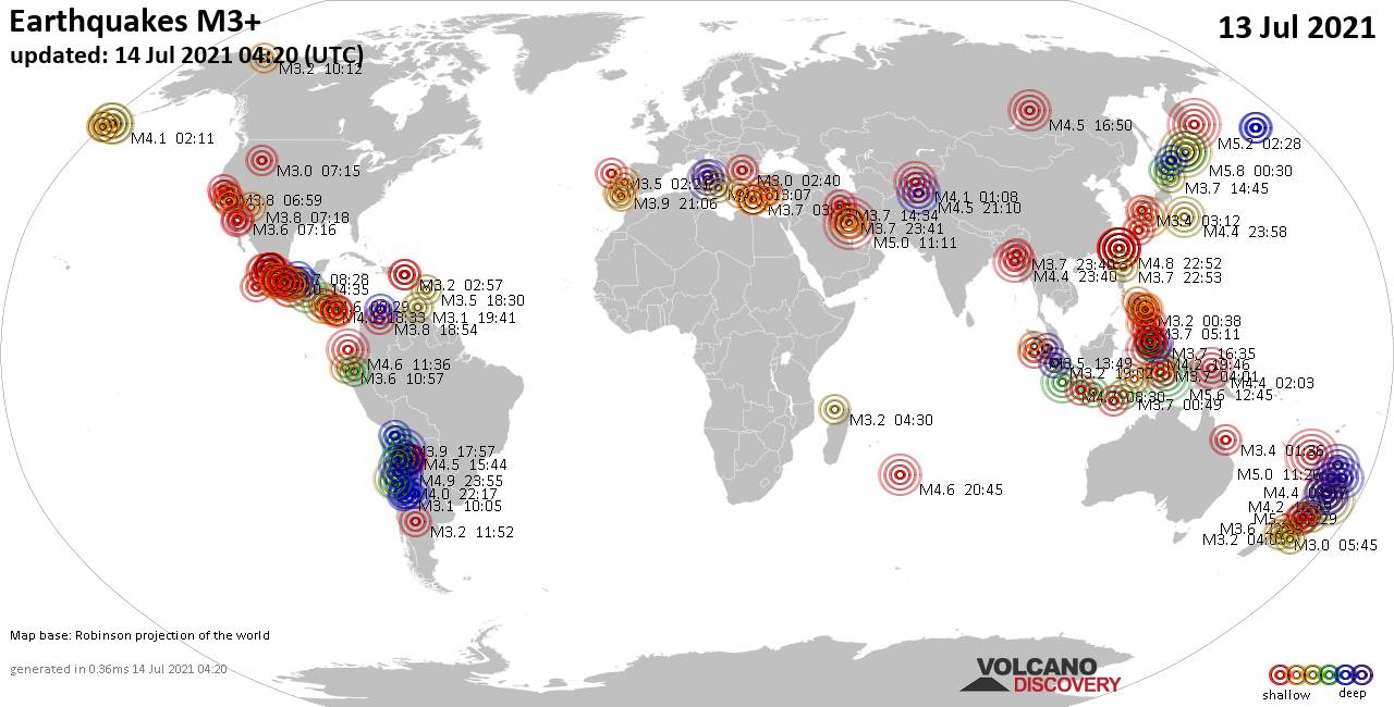 Mapa mundial que muestra terremotos de magnitud 3 en las últimas 24 horas 14 julio 2021