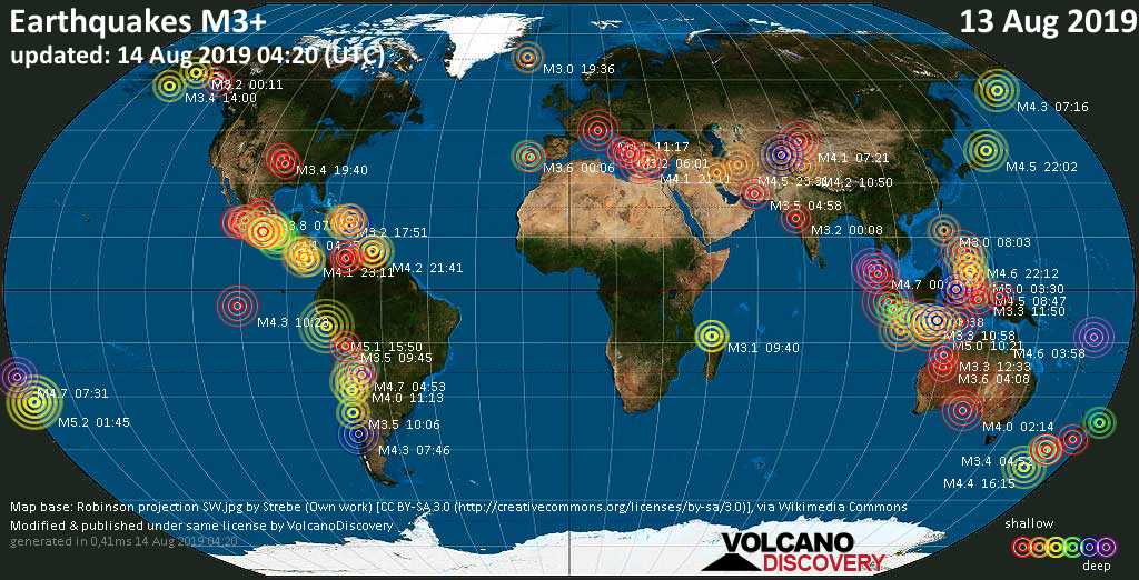 World map showing earthquakes above magnitude 3 during the past 24 hours on 14 Aug 2019