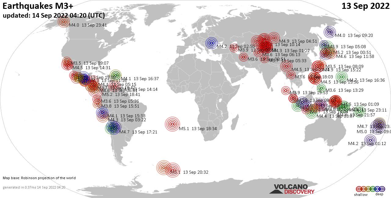 Mapa mundial que muestra terremotos de magnitud 3 en las últimas 24 horas 14 septiembre 2022