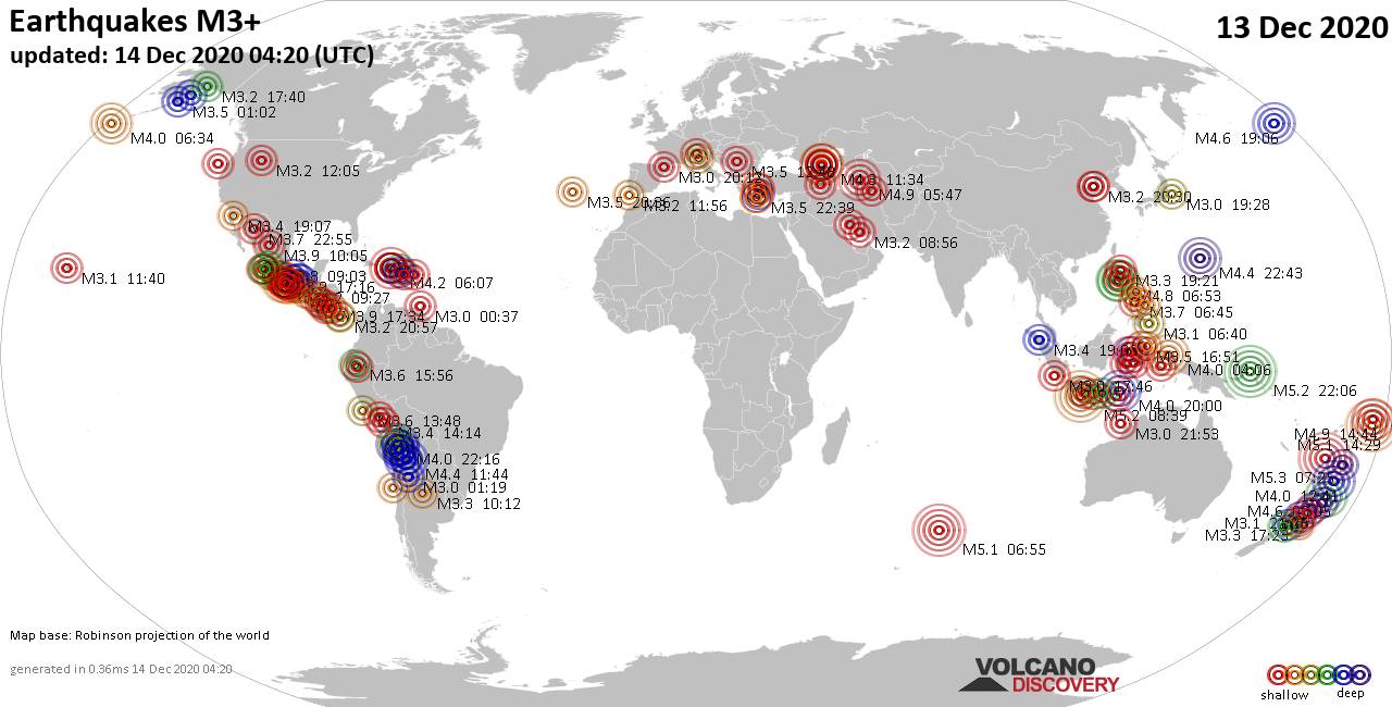 Worldwide earthquakes above magnitude 3 during the past 24 hours on 14 Dec 2020