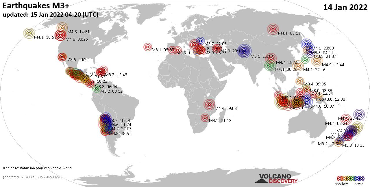 Weltkarte mit Erdbeben über Magnitude 3 während den letzten 24 Stunden past 24 hours am 15. Januar 2022