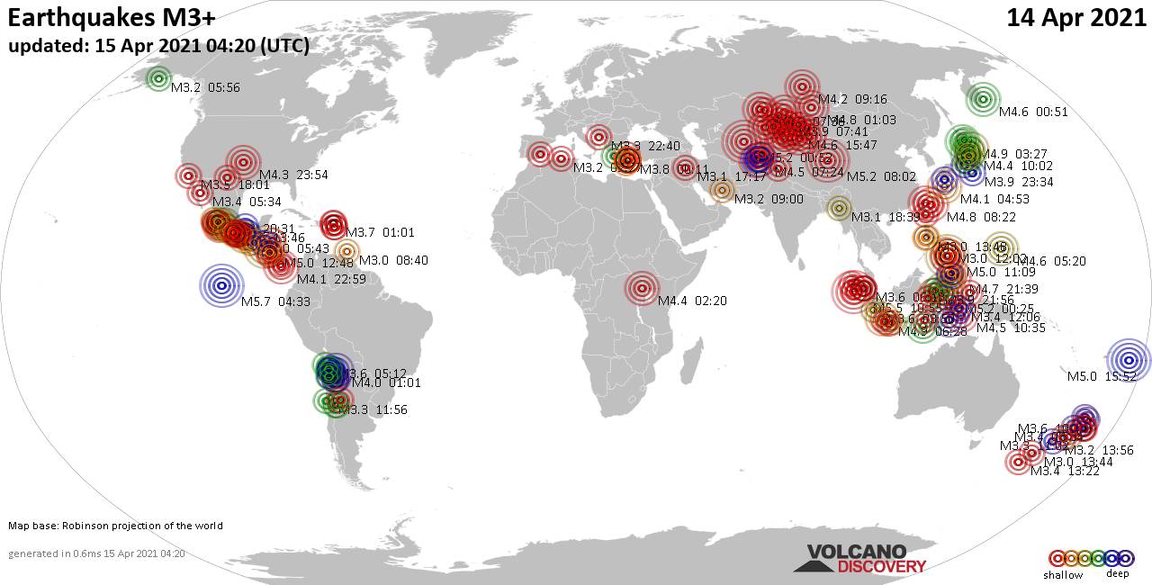 Mapa mundial que muestra terremotos de magnitud 3 en las últimas 24 horas 15 abril 2021