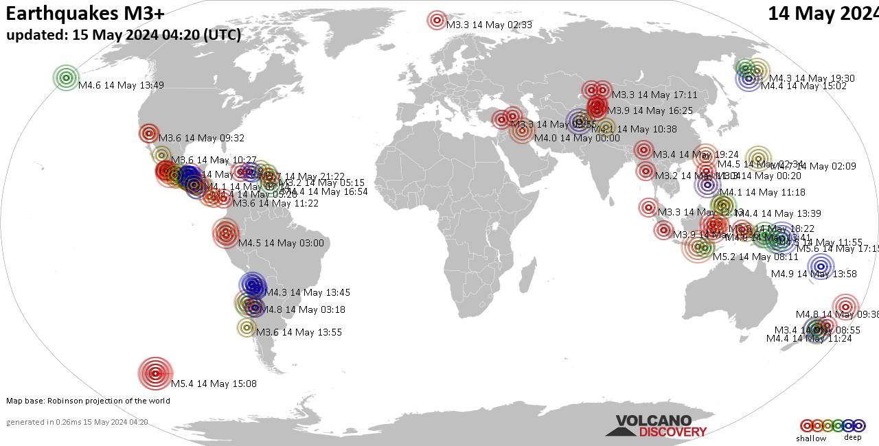 Mapa mundial que muestra terremotos de magnitud 3 en las últimas 24 horas 15 mayo 2024