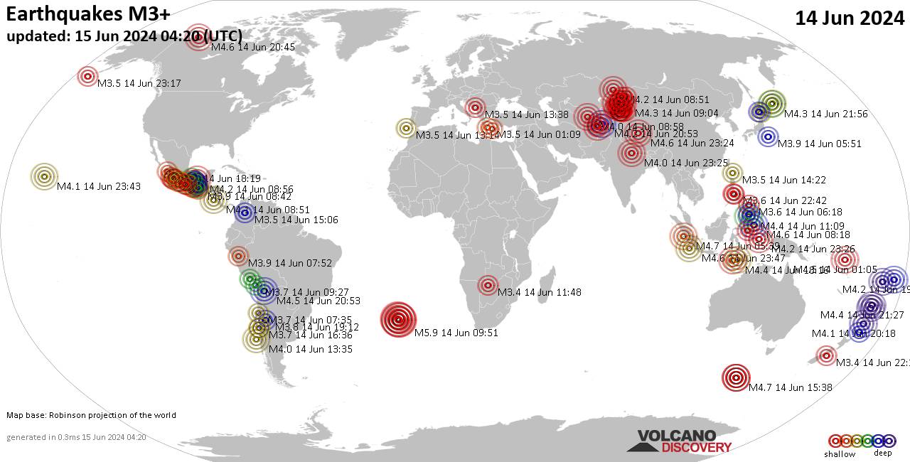 Weltkarte mit Erdbeben über Magnitude 3 während den letzten 24 Stunden past 24 hours am 14. Juni 2024